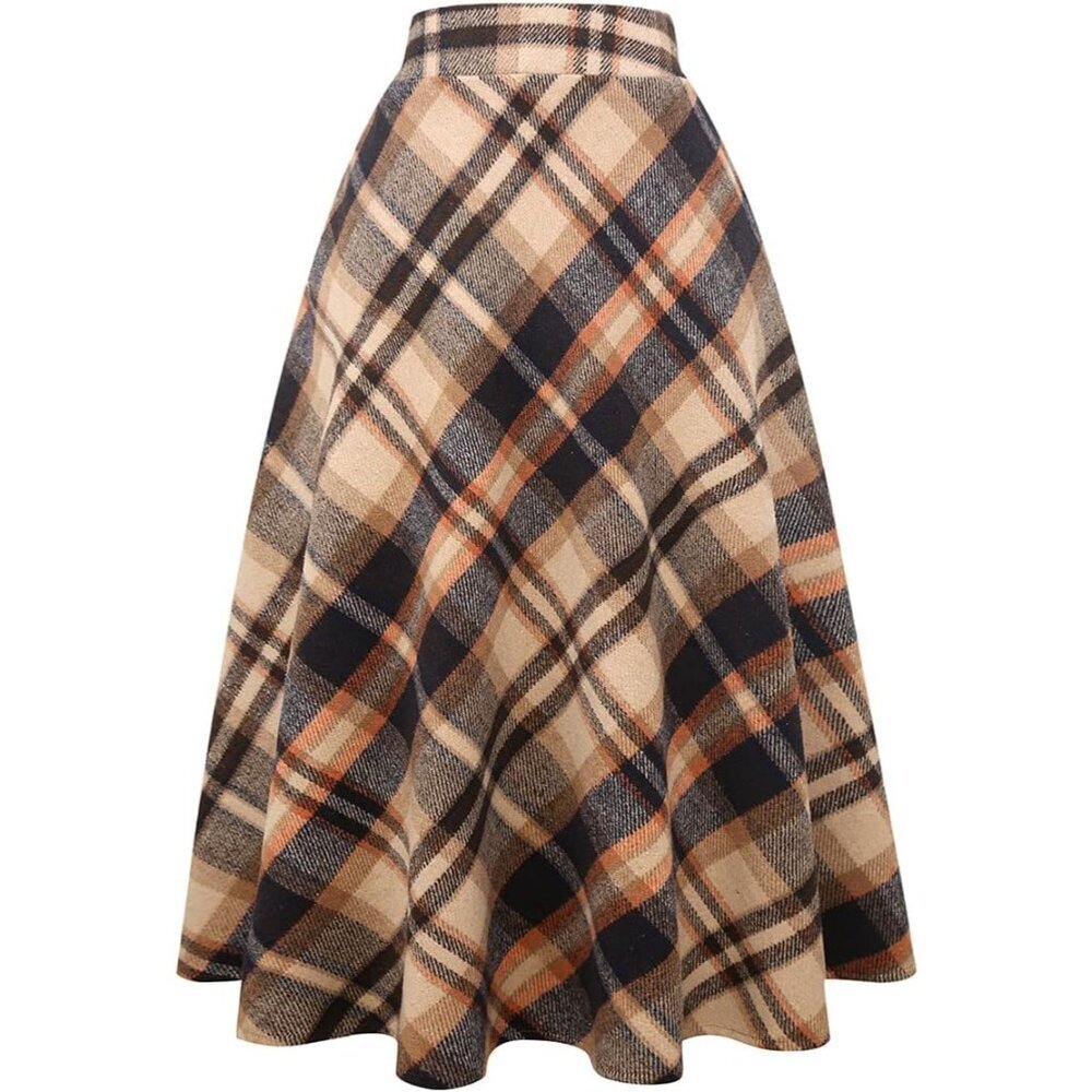 Womens Long Brown Elastic Waist A-Line Pleated Tartan Long Plaid Wool Skirts